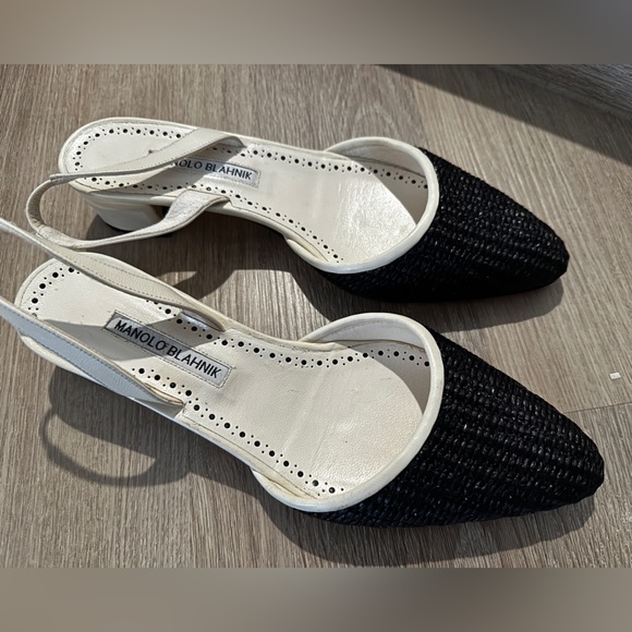 New Manolo Blahnik Raffro Woven Raffia Ballerina Pumps White/Black Size 38.5 - Picture 3 of 10